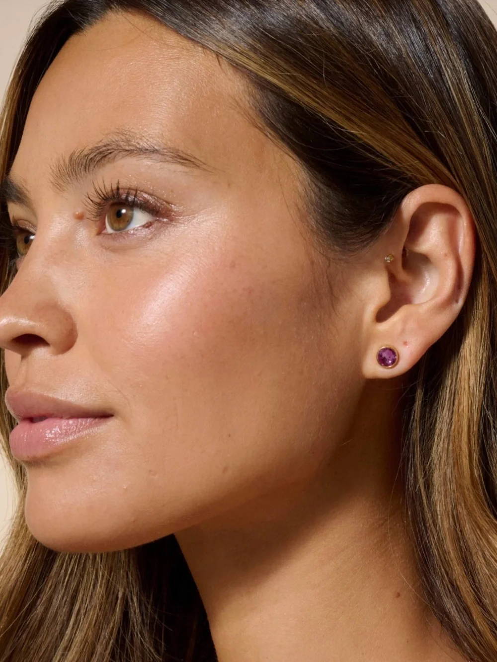 Gold-Tone Stud Earrings with Purple Crystal